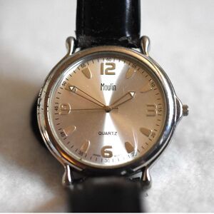 Vintage Moulin Quartz New Battery Works Black Leather Band Silver Tone Watch